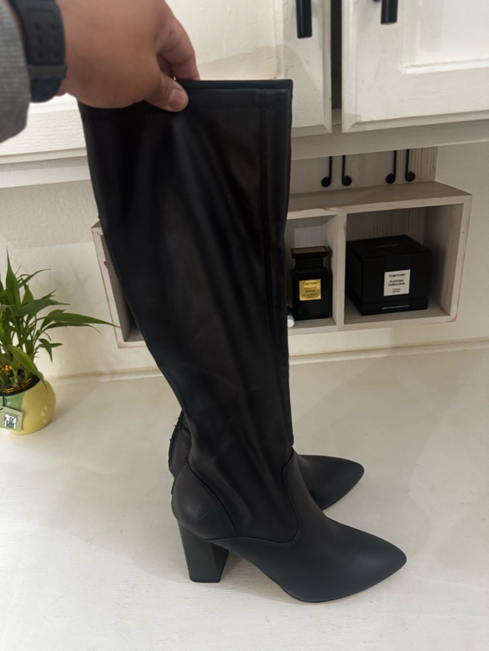Franco Sarto Black Over-the-Knee Pointed Toe Block Heel Boots